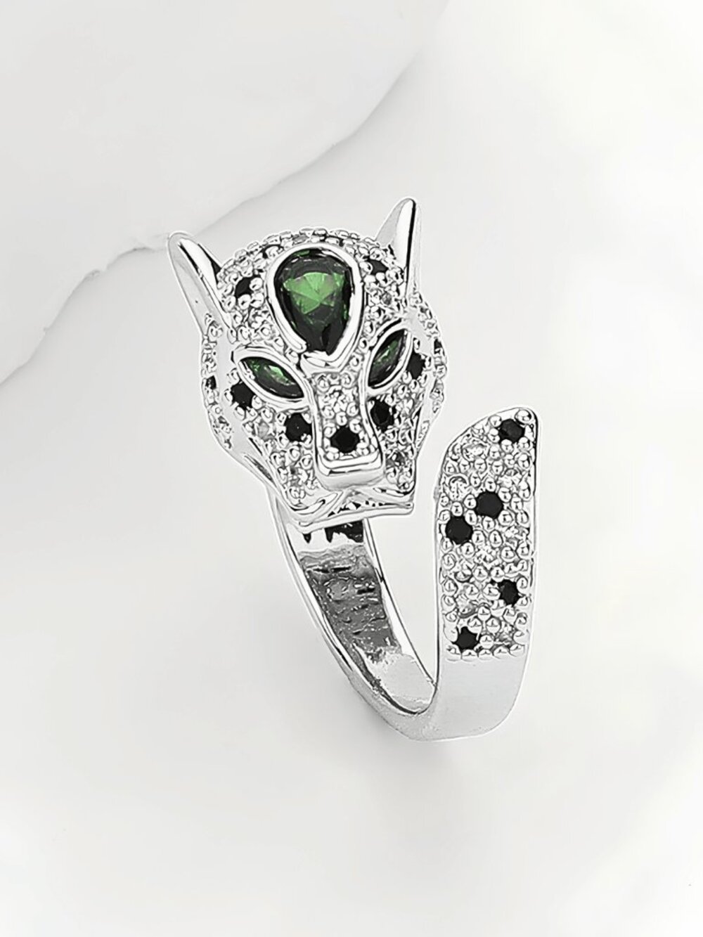 NEW Sterling Silver Dipped Panther Leopard Wrap Ring Size 8 CZ Statement Jewelry